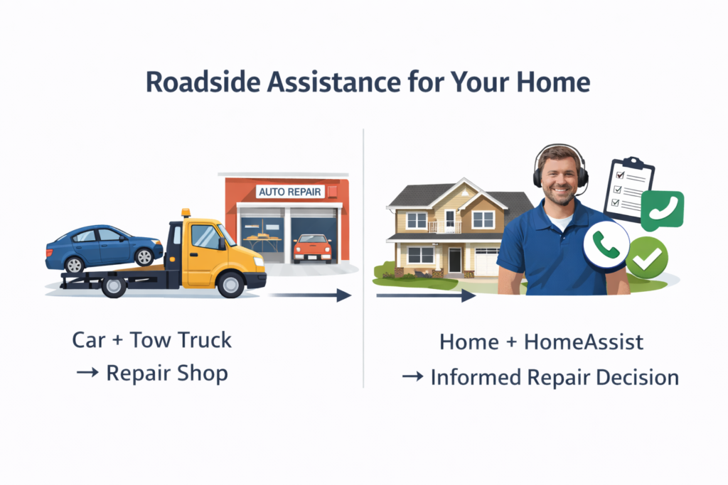 Roadside assistance analogy explaining how AHA HomeAssist supports home repairs.
