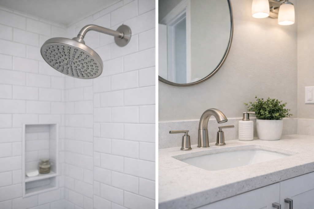 Modern bathroom showerhead and fixtures showing small upgrades that improve comfort without increasing remodel costs.