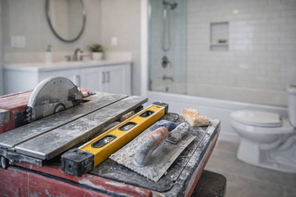 Tile saw and bathroom renovation tools shown in front of a finished bathroom to illustrate the hidden cost of DIY remodeling.