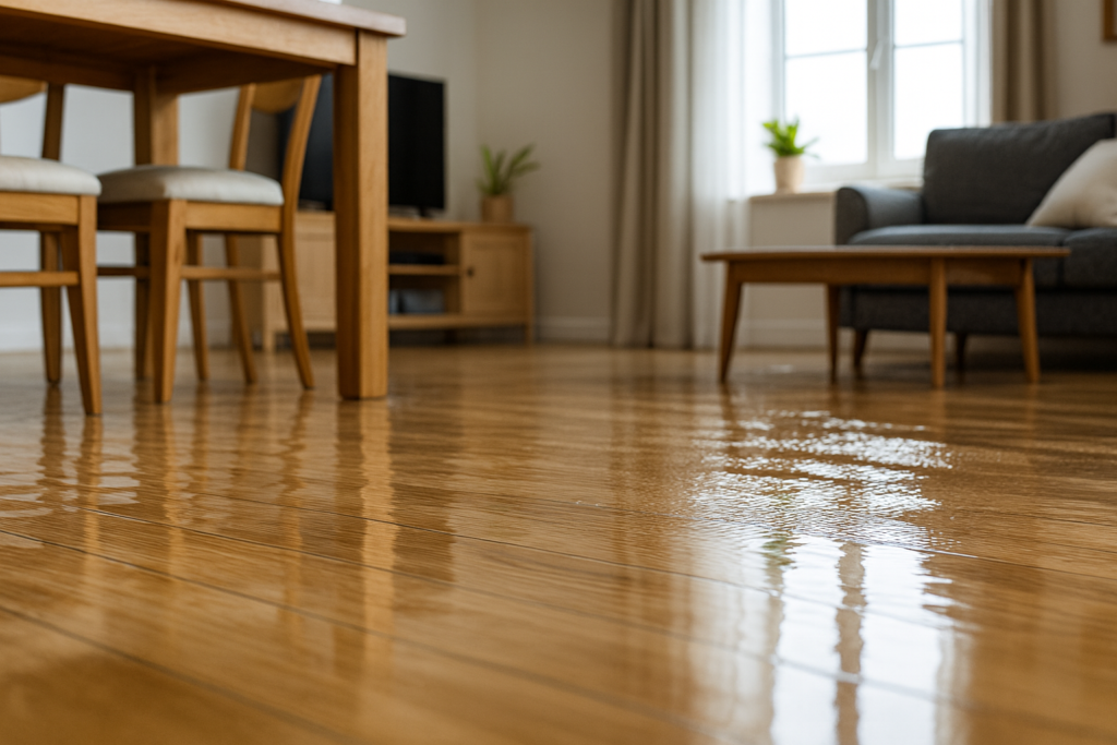 Water leak flooding hardwood floor in modern living room with furniture, caused by plumbing issue or appliance failure.