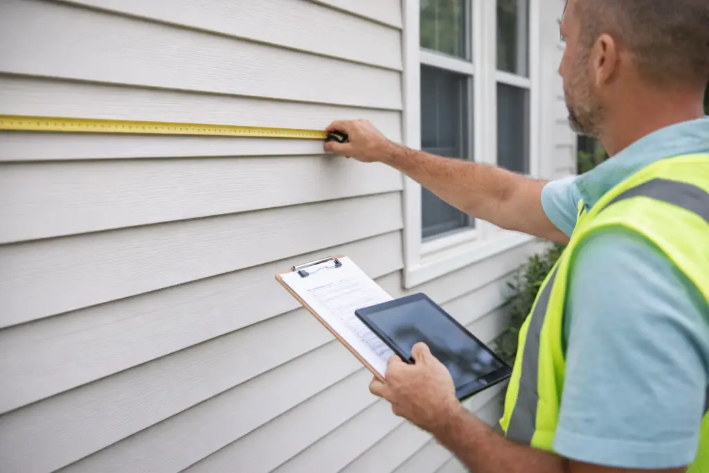 Real estate appraiser reviewing a home’s exterior during an appraisal.