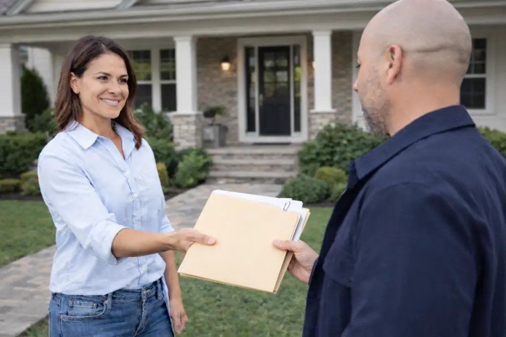 Homeowner handing a folder of appraisal documents to a home appraiser outside a suburban house.