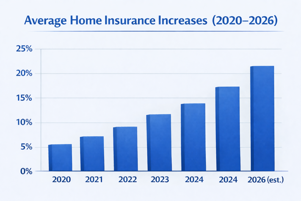 Bar chart showing average home insurance premium increases from 2020 to 2026, rising by 25% overall.