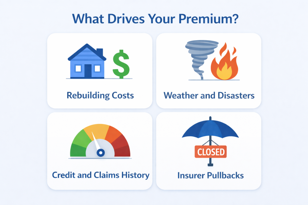 nfographic showing four factors that raise home insurance premiums: rebuilding costs, severe weather, credit history, and insurer pullbacks.