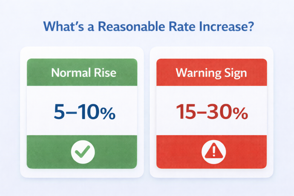 Visual chart comparing normal home insurance increases of 5–10% with warning signs at 15–30%.