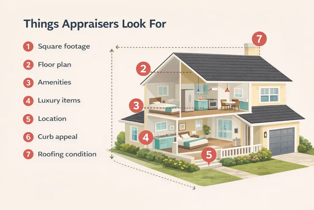 Cutaway house illustration with numbered callouts explaining home appraisal factors.