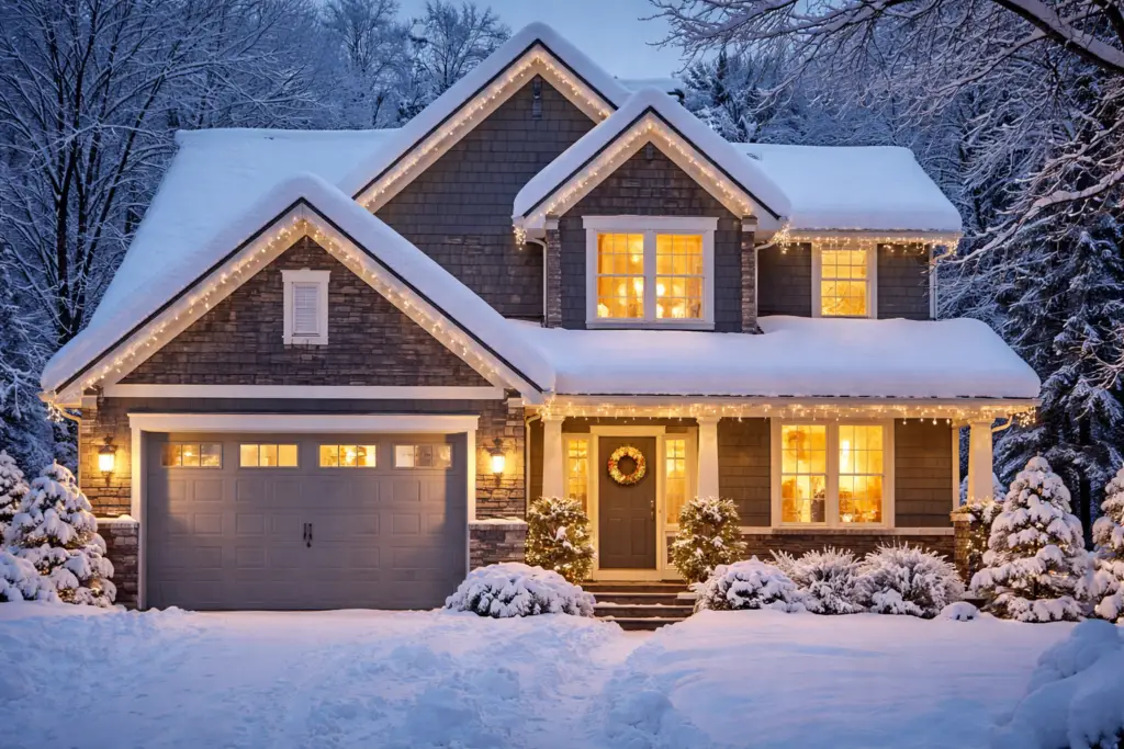 Winter home with snow-covered roof and lit windows—energy efficient and protected.