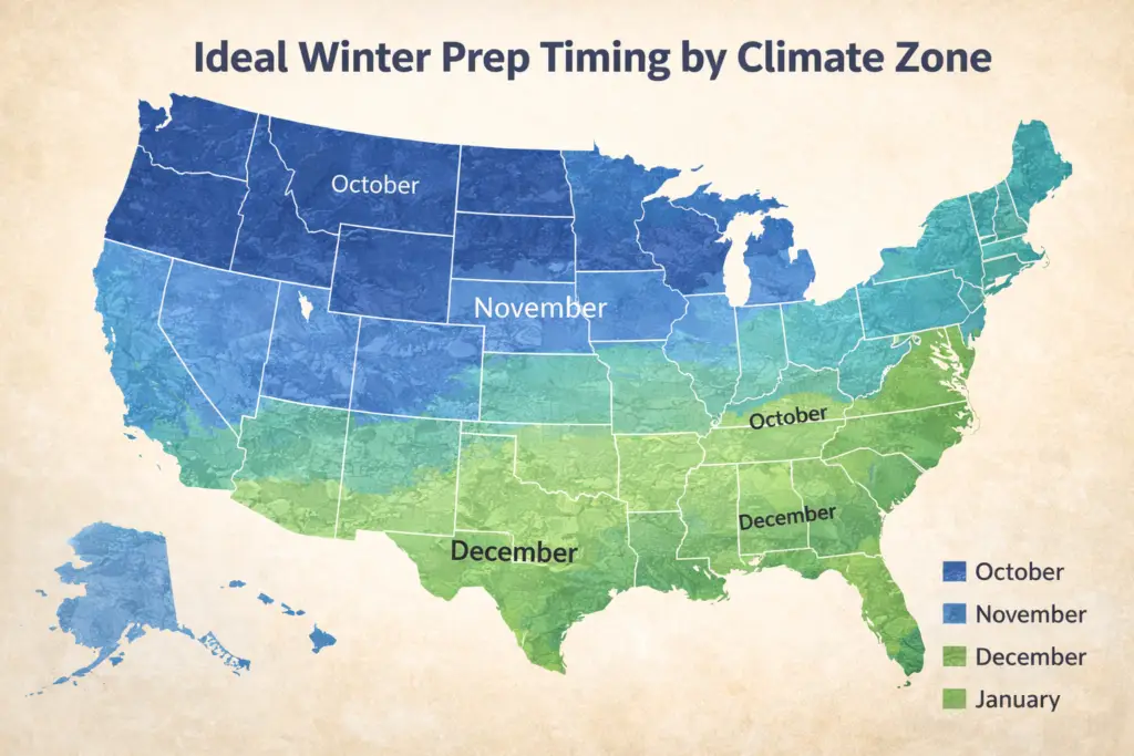 U.S. map showing ideal winter prep timing by climate zone.