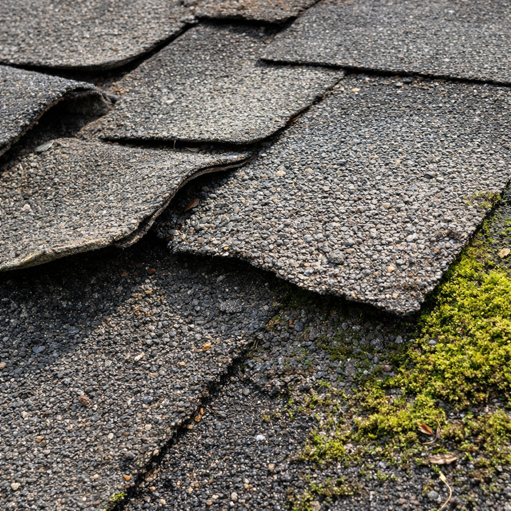 aging_and_wear Curling and worn asphalt shingles showing visible signs of reduced roof lifespan.