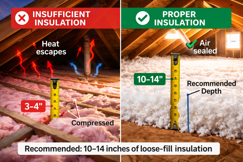 attic_insulation Comparison of thin attic insulation and recommended insulation depth to reduce heating costs.