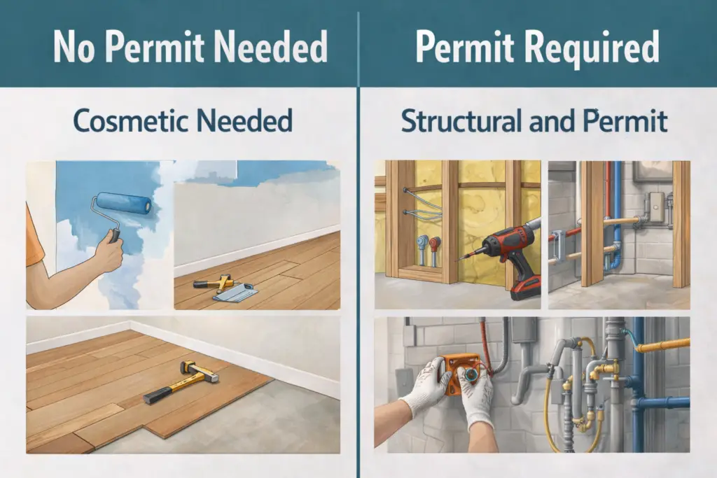 llustrated decision guide explaining when a home renovation permit is likely needed based on structural changes, electrical or plumbing work, safety issues, and whether the project would affect a future home sale.