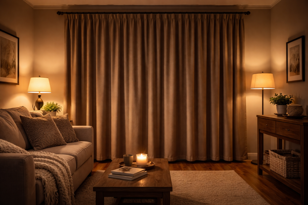 curtains Insulated curtains closed at night to prevent heat loss through windows.