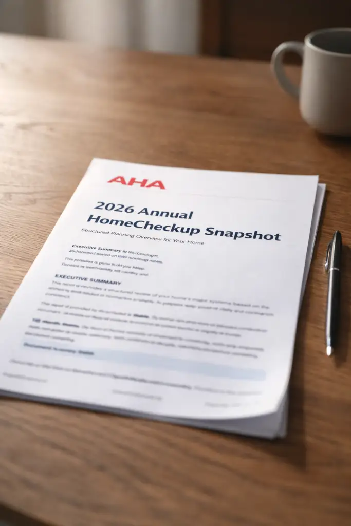 2026 Annual AHA HomeCheckup Snapshot report printed on a wooden table showing structured home maintenance priorities and system planning overview.