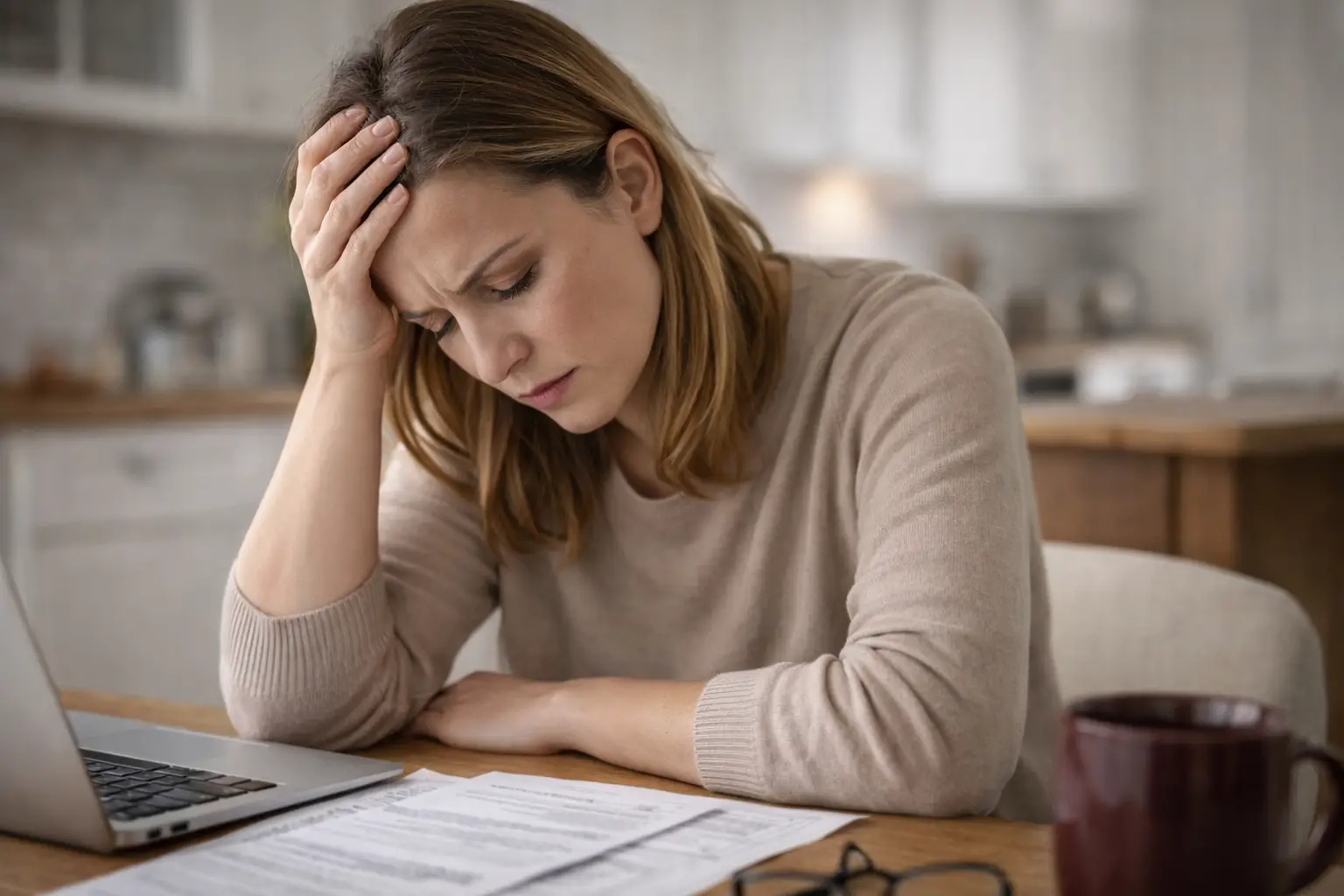 Homeowner feeling overwhelmed while reviewing unexpected home repair expenses at kitchen table.