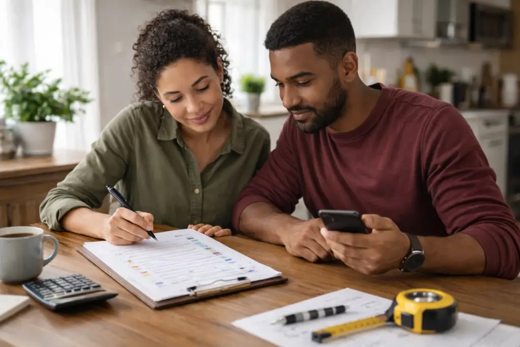 Homeowners reviewing a home repair checklist to prioritize urgent and non-urgent maintenance issues.