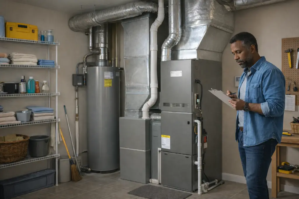 Homeowner reviewing HVAC system in utility room to understand HVAC lifespan and maintenance needs.