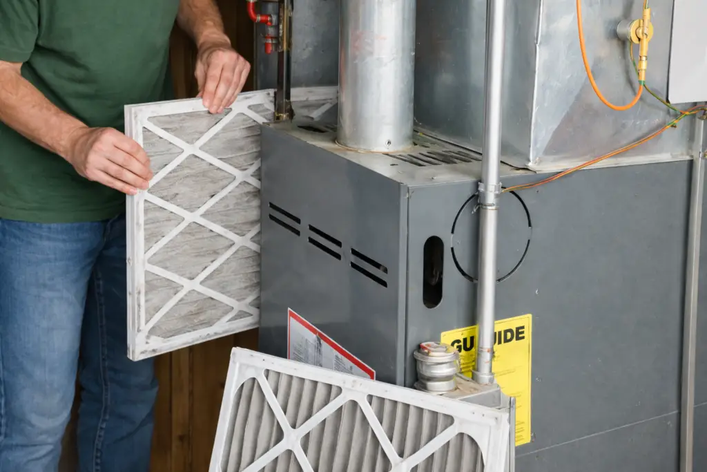 Homeowner replacing HVAC air filter to extend HVAC lifespan and improve efficiency.