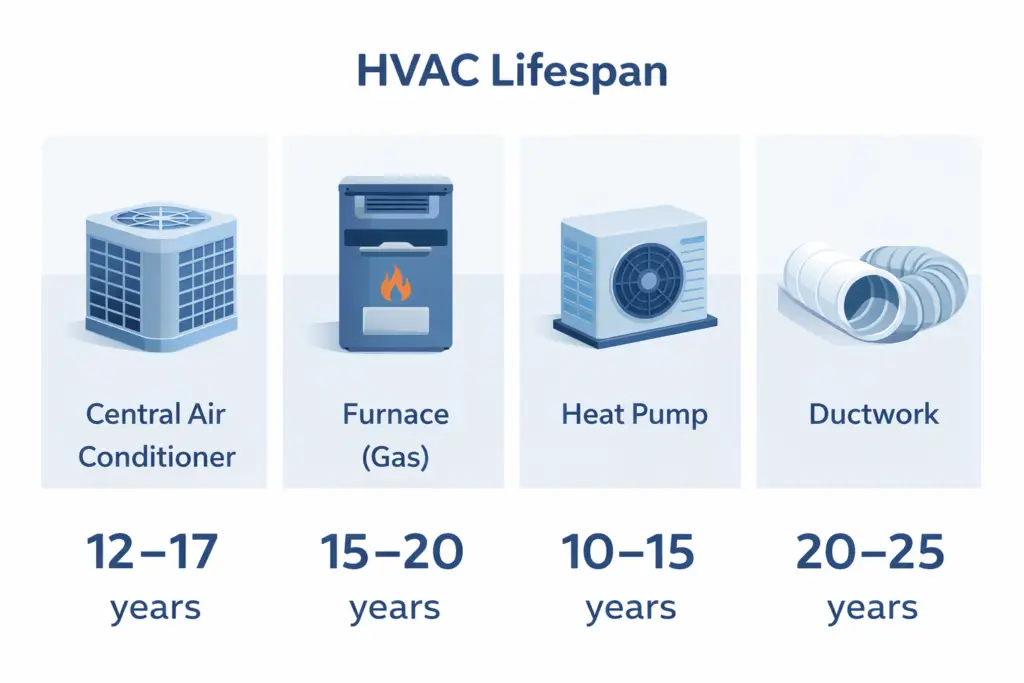 HVAC lifespan comparison chart showing average lifespan of air conditioner, furnace, heat pump, and ductwork.