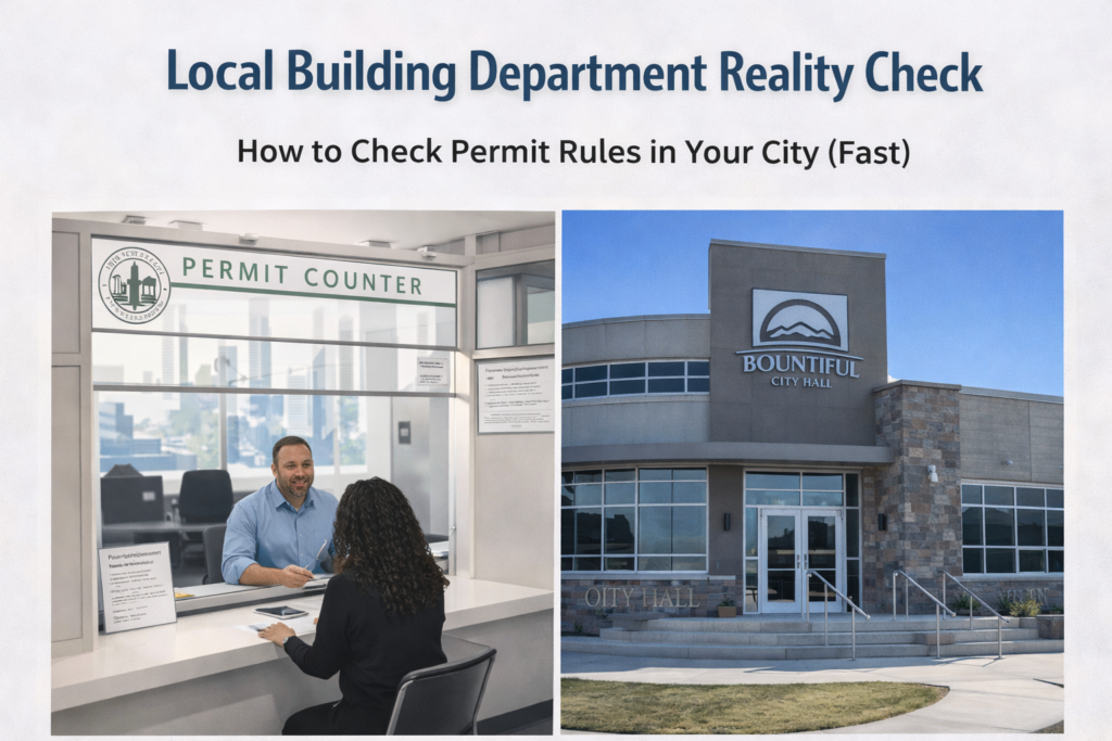 Homeowner speaking with staff at a local building permit counter and exterior view of a city hall building, illustrating how to check permit rules with the local building department.