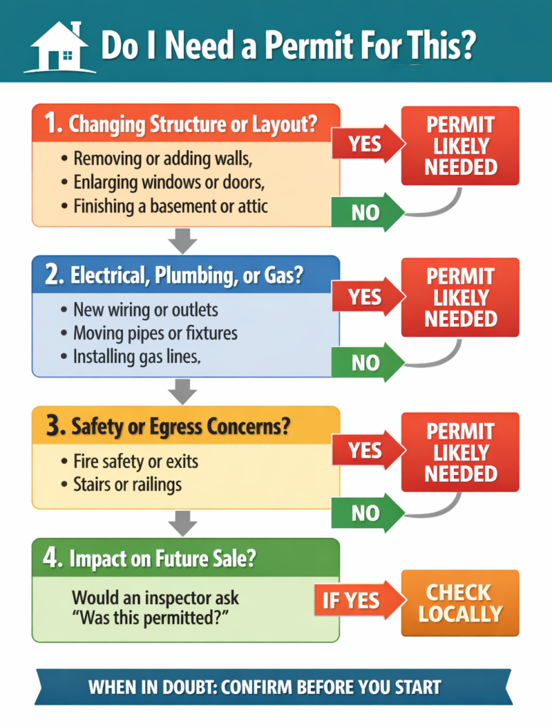 Flowchart titled “Do I Need a Permit?” guiding homeowners through renovation decisions such as structural changes, electrical or plumbing work, safety concerns, and resale impact to determine if a permit is required.