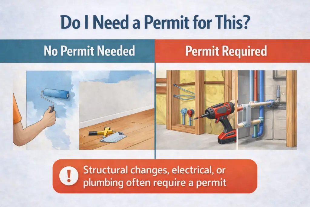 Wide illustration comparing home projects that do not need permits, such as painting and flooring, with structural renovations involving electrical and plumbing work that typically require a building permit.