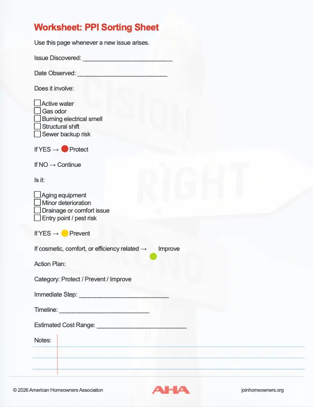 ppi_worksheet Printable home repair prioritization worksheet using Protect Prevent Improve method.