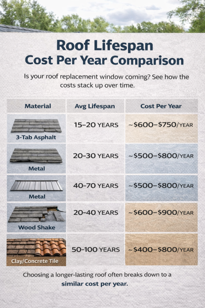 roof_lifespan_cost_comparison Roof lifespan comparison chart showing average cost per year by roofing material.