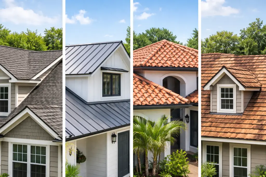 Different residential roofing materials including asphalt shingles, metal roofing, clay tile, and wood shake illustrating variations in roof lifespan and durability.