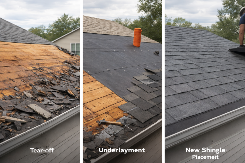 roof_replacement_process Roof replacement process showing tear-off, underlayment installation, and new shingle placement.