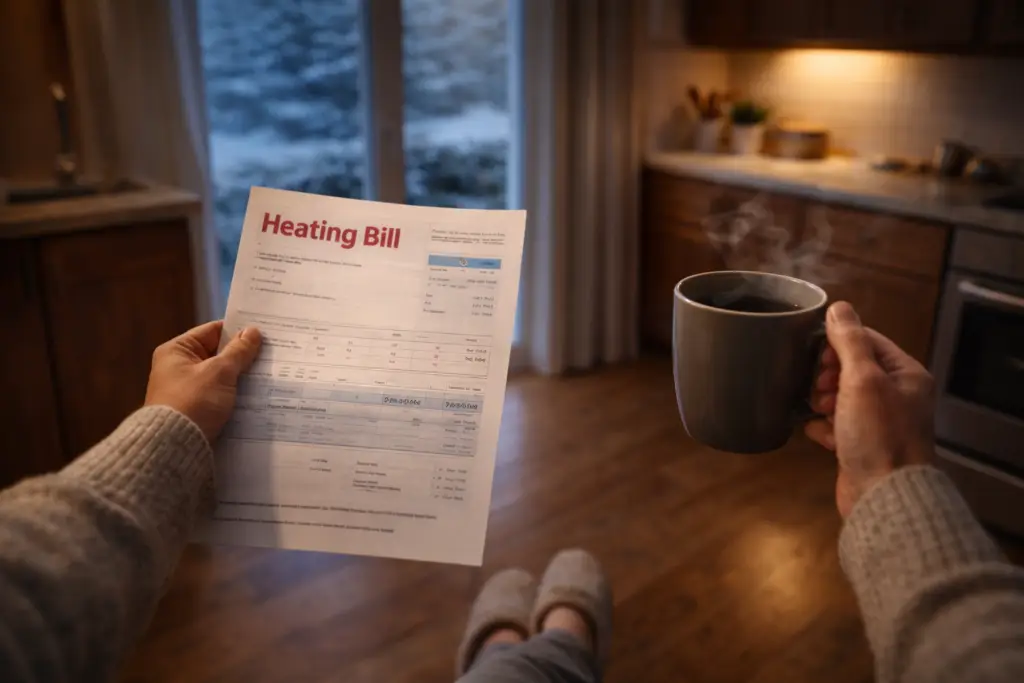 Homeowner holding heating bill and coffee in quiet kitchen on winter morning, reviewing high heating costs.