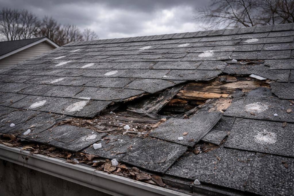 storm_and_hail Hail damage causing fractures in asphalt shingles that can shorten overall roof lifespan.