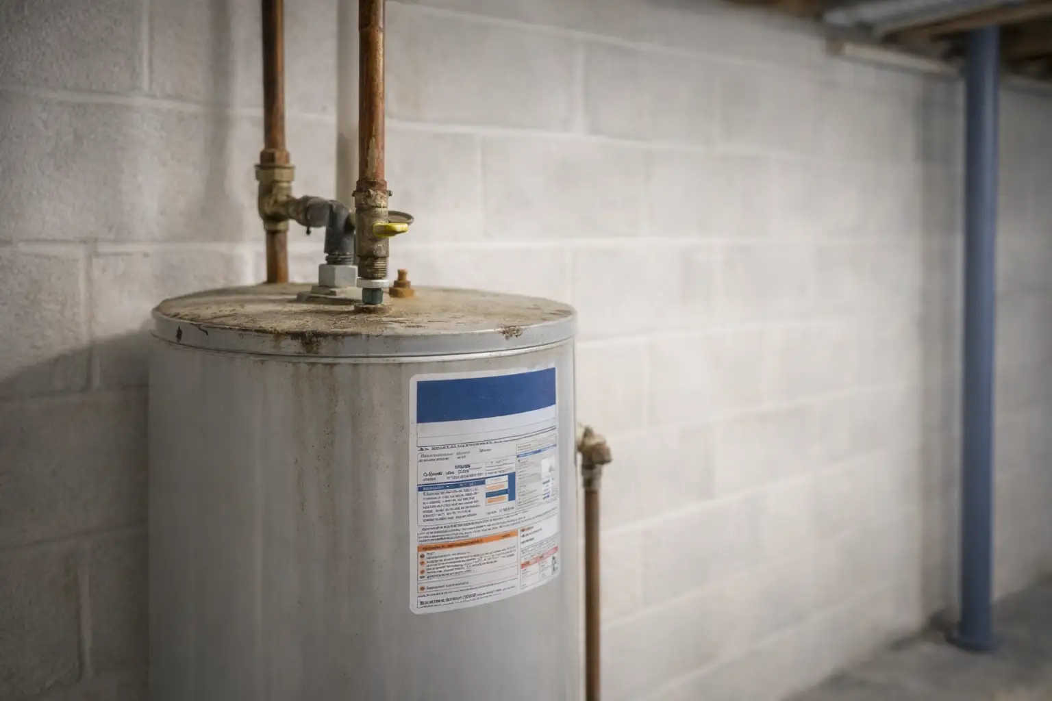 Aging residential water heater nearing end of 10 to 15 year lifespan.