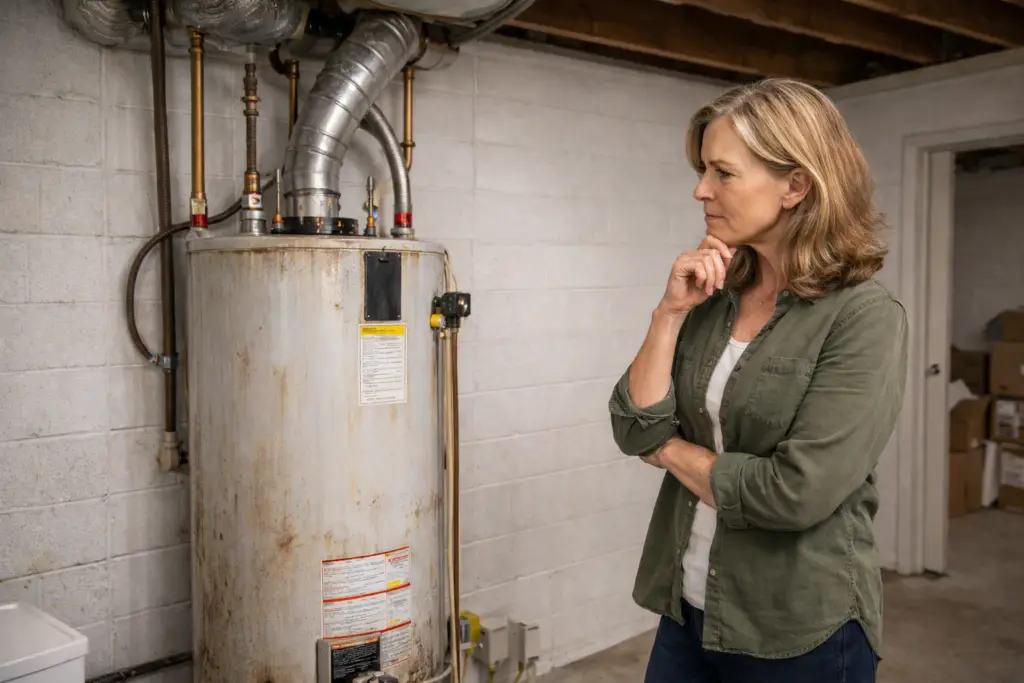 Homeowner inspecting a residential water heater in a basement utility room.
