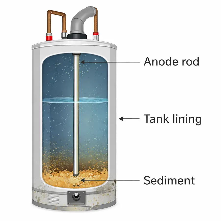Cutaway diagram of water heater tank showing sediment buildup and anode rod.