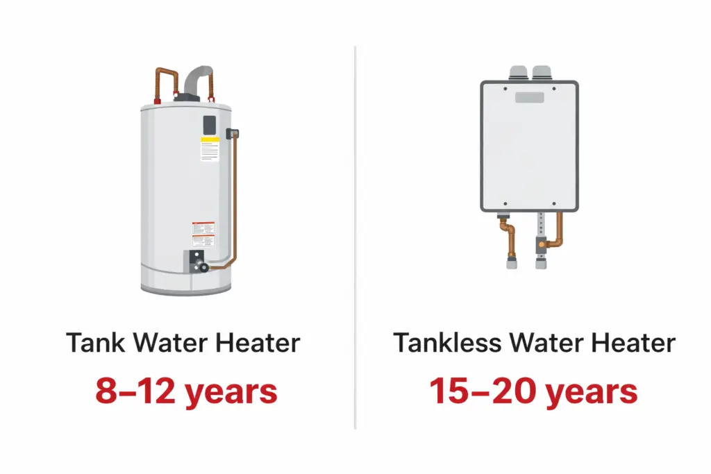 Simple expected water heater lifecycle visual comparison graphic.