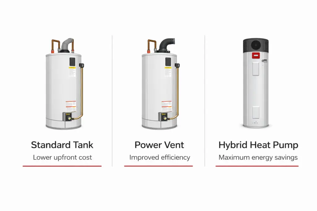 Standard tank water heater type comparison visual.