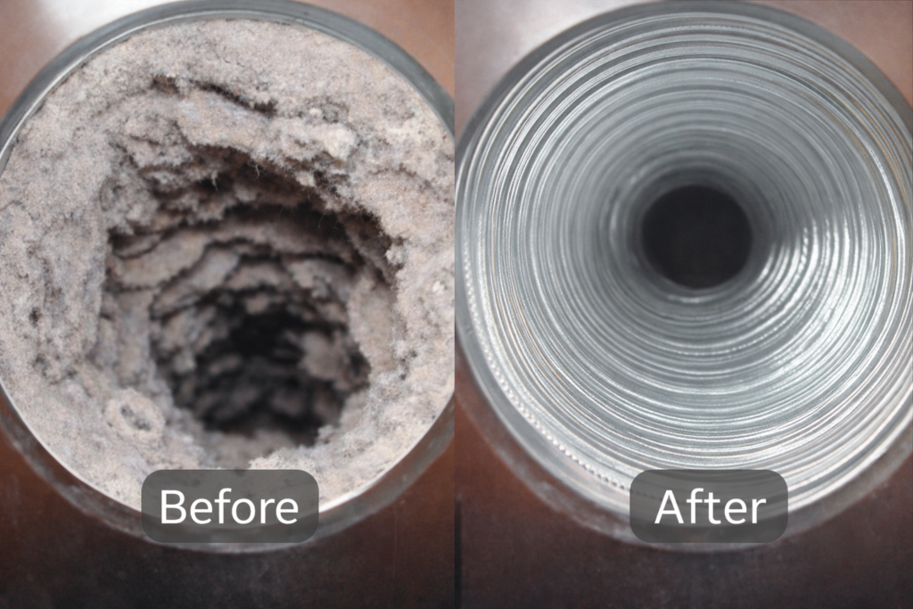 clean_dryer_vent Dirty vs clean dryer vent comparison showing buildup that creates a fire hazard.