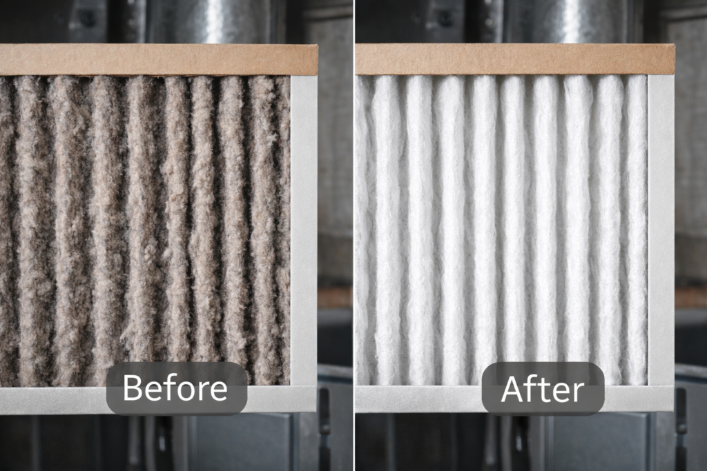 clean_hvac_filter Dirty vs clean HVAC air filter comparison showing airflow blockage.