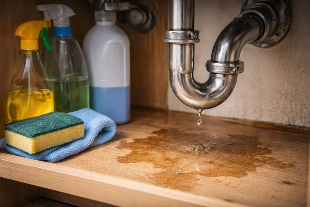 drain_leak Water leak under kitchen sink with pipe dripping into cabinet.