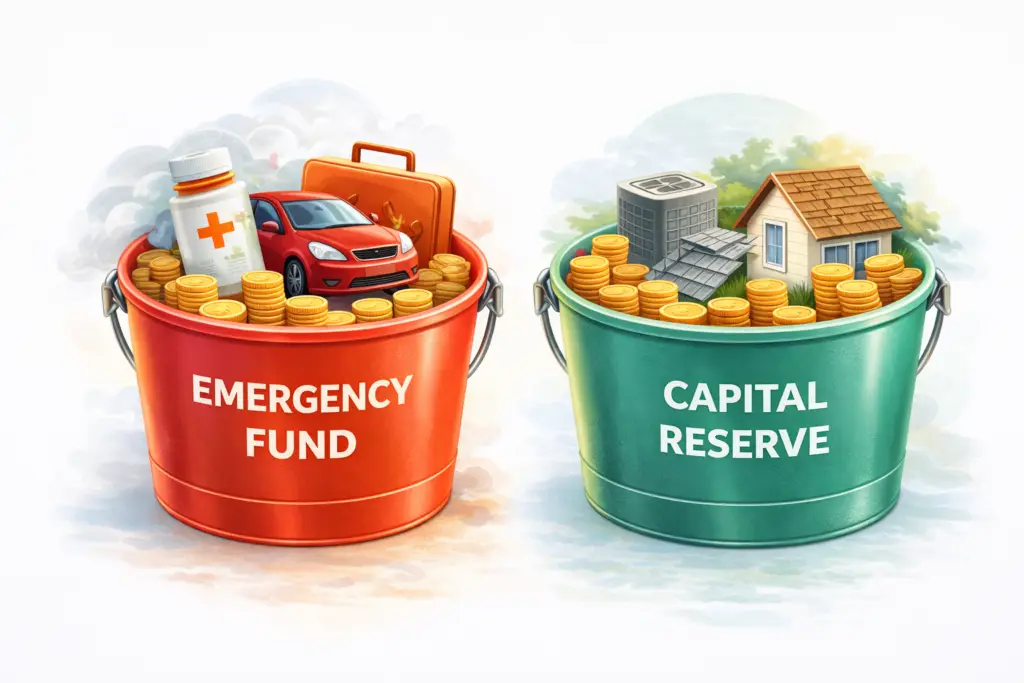 emergency_fund_vs_capital_reserve Infographic comparing emergency fund and home capital reserve savings for homeowners, showing life emergencies versus planned home repairs.