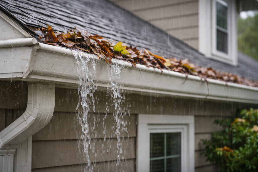 gutter_leak Clogged gutters overflowing with rainwater near roof edge.