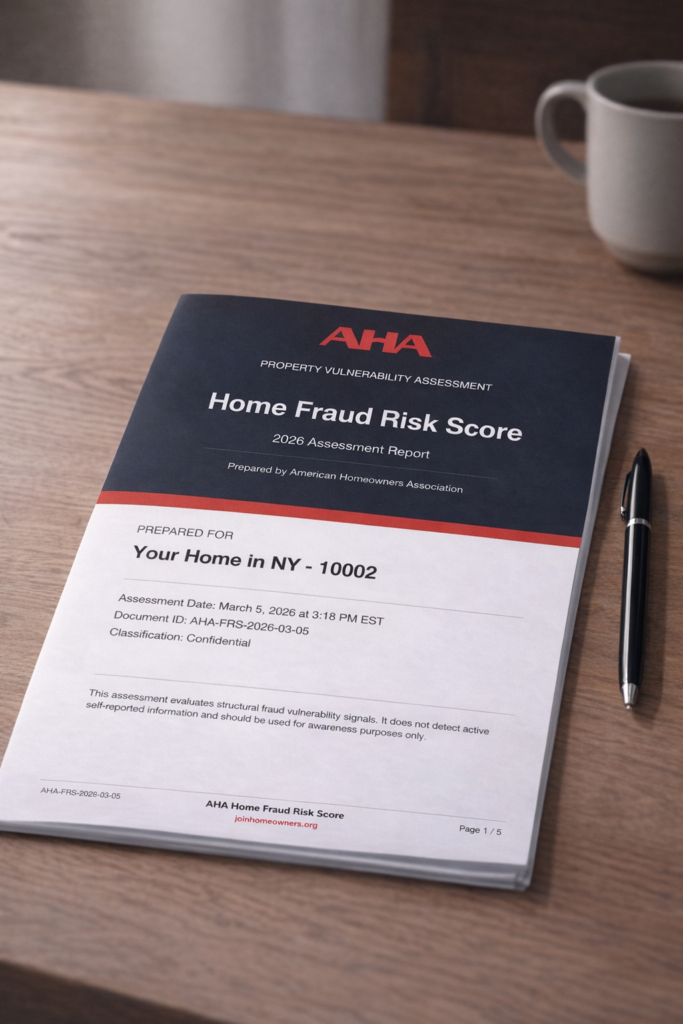 Example property fraud vulnerability assessment report generated by the AHA Home Fraud Risk Score tool.