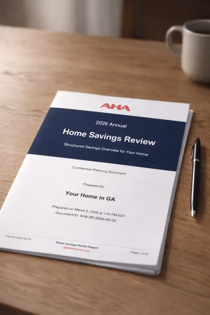 AHA Annual Home Savings Review report showing structured savings overview and homeowner financial planning summary.