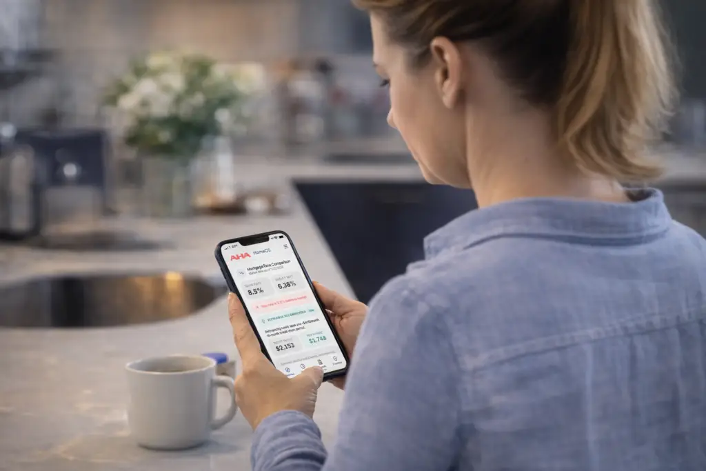 Homeowner in a modern kitchen checking home insights and savings recommendations on a mobile app.