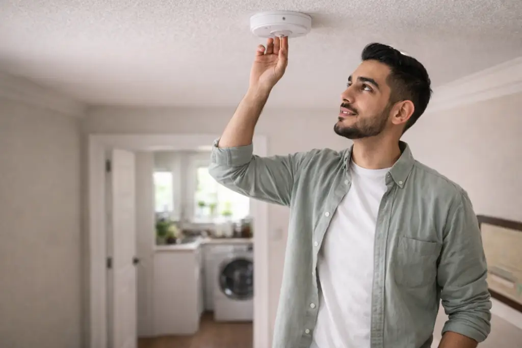 Homeowner inspecting a smoke detector in the kitchen.
