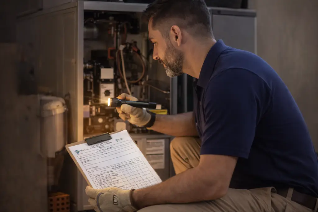 HVAC technician inspecting a home system with a checklist, reviewing repair details during maintenance.