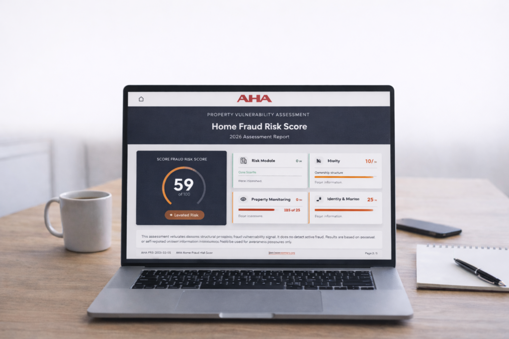 Laptop displaying AHA Home Fraud Risk Score report with elevated risk score of 59 for a New York property.