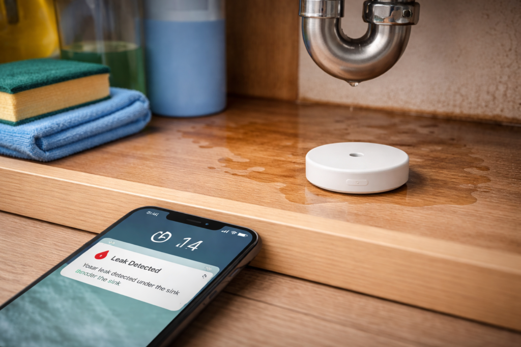 leak_detector Smart water leak sensor under sink sending phone alert.