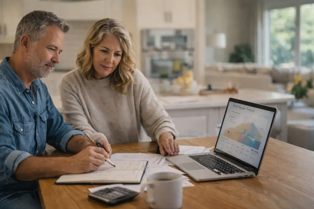 Homeowners reviewing home repair budget and planning major house maintenance at a kitchen table with laptop and documents.