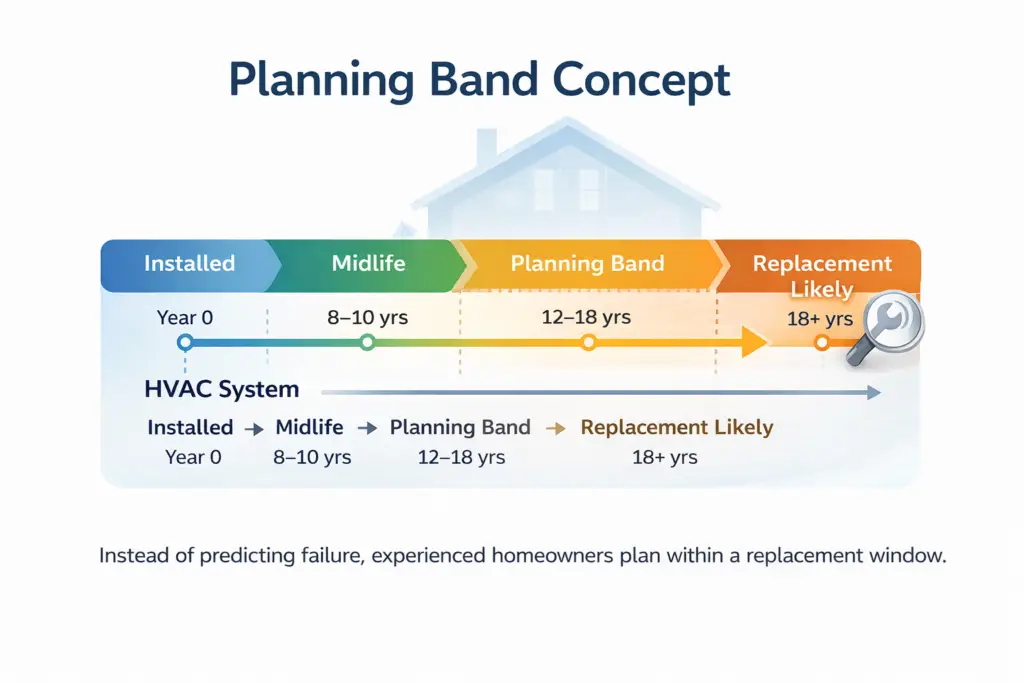 planning_bands Infographic illustrating a home system planning band timeline showing installation, midlife stage, planning window, and likely replacement period.
